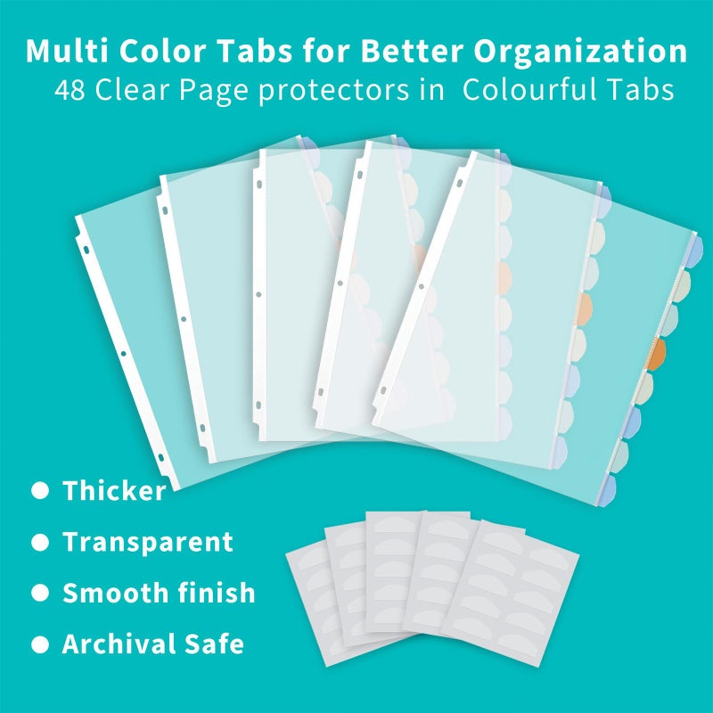 Binditek 48 Pack Heavyduty Clear Sheet Protectors with 8 Tabs, 45 Sheets Capacity, 8.5 x 11 inch Plastic Dividers for 3 Ring Binder, Insertable Index Divider, Letter Size, 6 Set, Label Sticker - Image 4