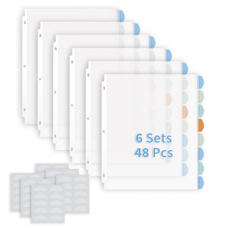 Binditek 48 Pack Heavyduty Clear Sheet Protectors with 8 Tabs, 45 Sheets Capacity, 8.5 x 11 inch Plastic Dividers for 3 Ring Binder, Insertable Index Divider, Letter Size, 6 Set, Label Sticker - Image 1