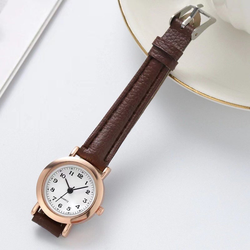 Korean Style Simple Quartz Watch for Girls White Brown Band  - Image 1
