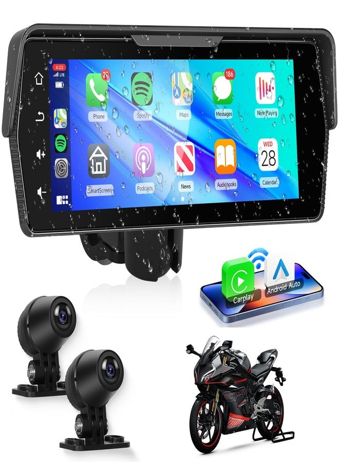 METEESER Motorcycle Front+Rear Dash Cam,6.86 inch IPS 1280x480P Touch Screen,1080P Motorcycle Camera DVR,Wireless Carplay&Android Auto,GPS,IP67 Waterproof,120°Wide,Bluetooth5.0,TF,PhoneLink for Motorbike - Image 1