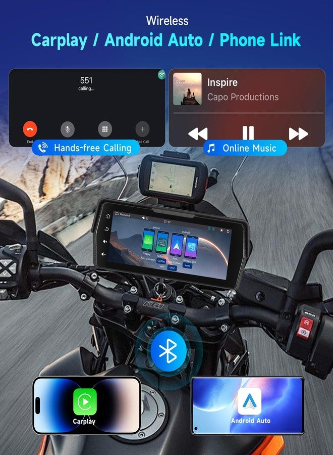 METEESER Motorcycle Front+Rear Dash Cam,6.86 inch IPS 1280x480P Touch Screen,1080P Motorcycle Camera DVR,Wireless Carplay&Android Auto,GPS,IP67 Waterproof,120°Wide,Bluetooth5.0,TF,PhoneLink for Motorbike - Image 2