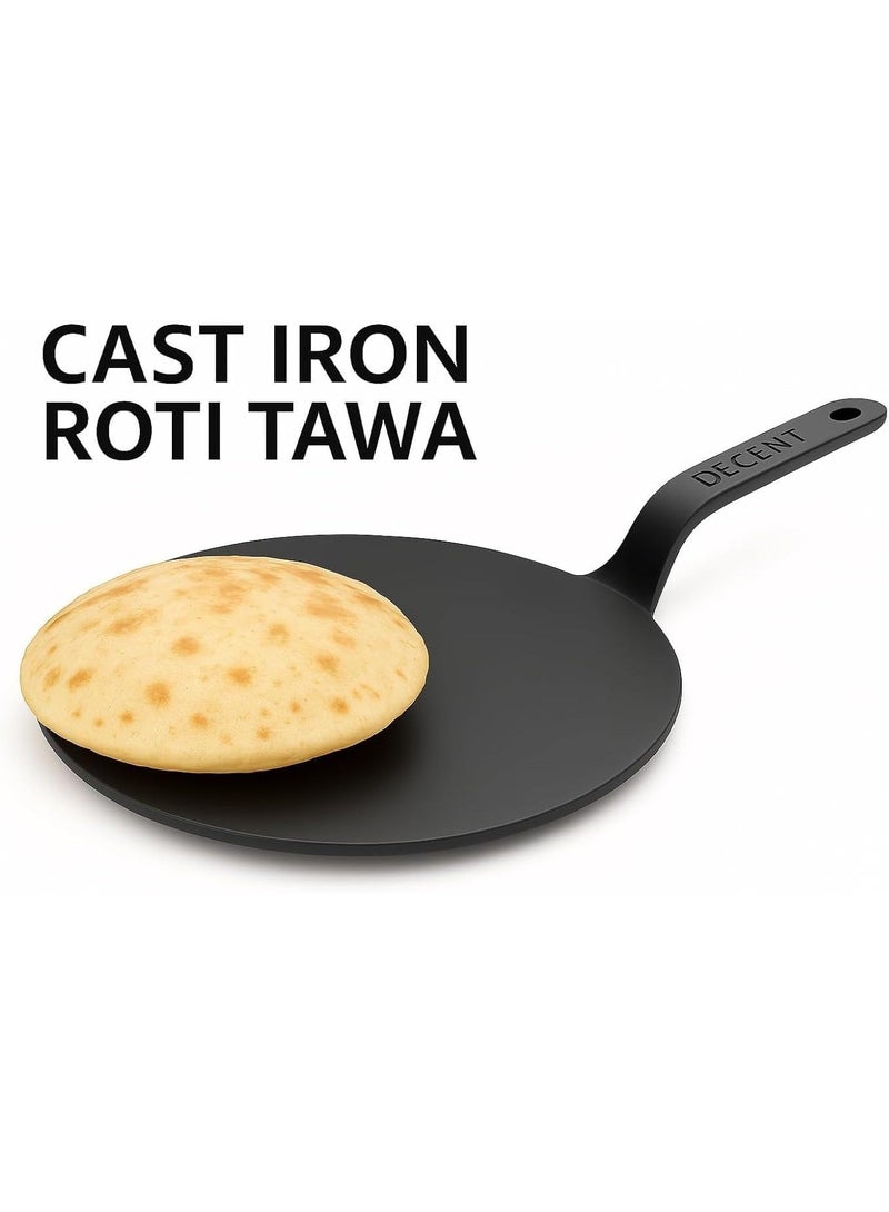 ديسينت مقلاة روتي من الحديد الزهر - مقلاة دوسا وتشاباتي من الحديد الزهر للغاز والحث | مقلاة حديدية ثقيلة للروتي، والصاج، والخبز، والدوسا، والباراثا | مقلاة طهي من الحديد الزهر متبلة مسبقًا | 26 سم - Image 3