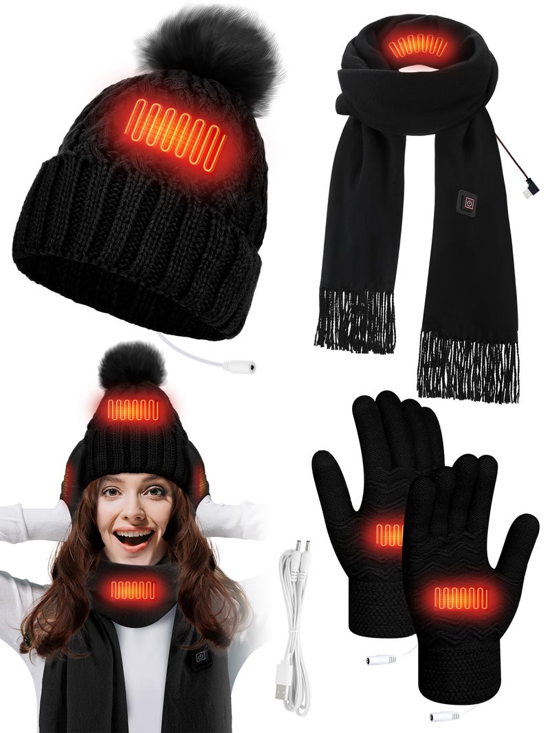 Cutecrop 3 Pcs USB Heated Hat Scarf Gloves Set for Men Women Warm Gift No Power Supply Included(Black,Elegant Style) - Image 1
