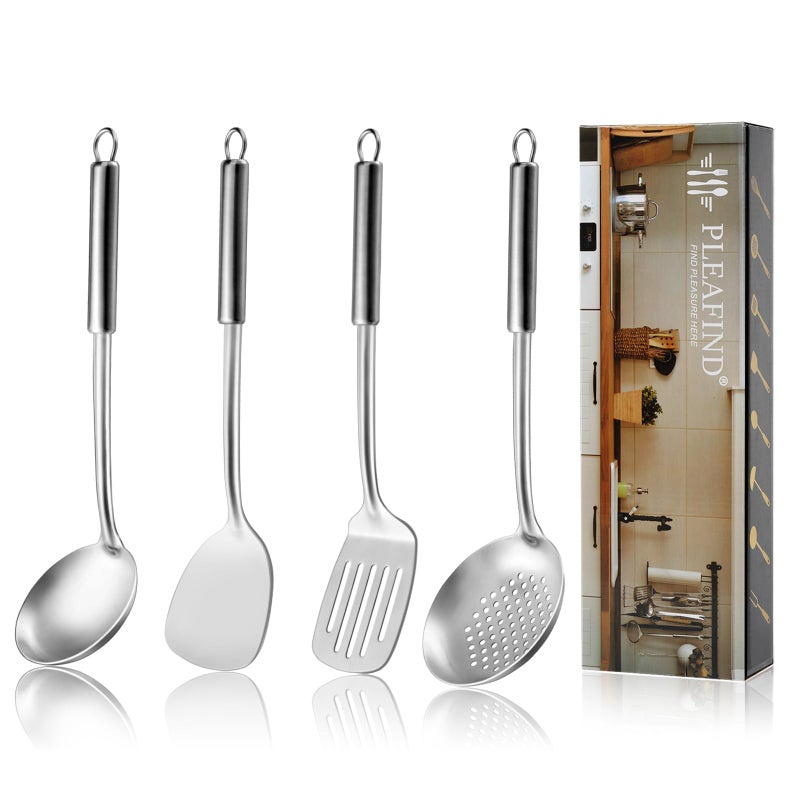 Pleafind 4Pcs Cooking Utensils Set Stainless Steel Kitchen Utensils Wok Utensils Set Include Wok Ladle Slotted Spoon Wok Spatula and Slotted Spatula Dishwasher Safe