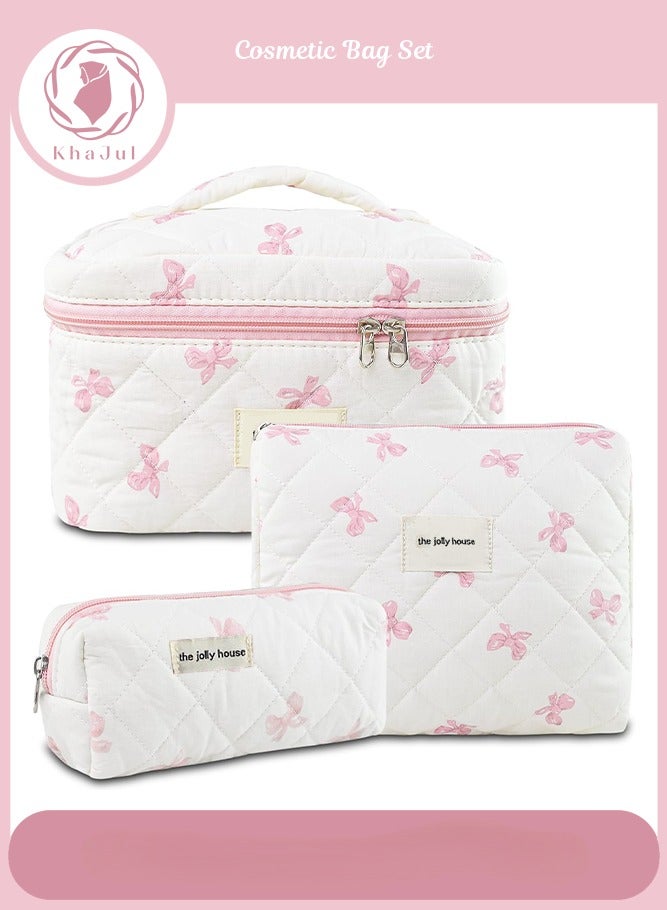 خاجول حقيبة مستحضرات تجميل كبيرة مبطنة من 3 قطع للنساء والفتيات، حقيبة مكياج قطنية مزينة بفيونكة، حقيبة جميلة لتنظيم أدوات الزينة أثناء السفر (فيونكة وردية فاتحة) - Image 1