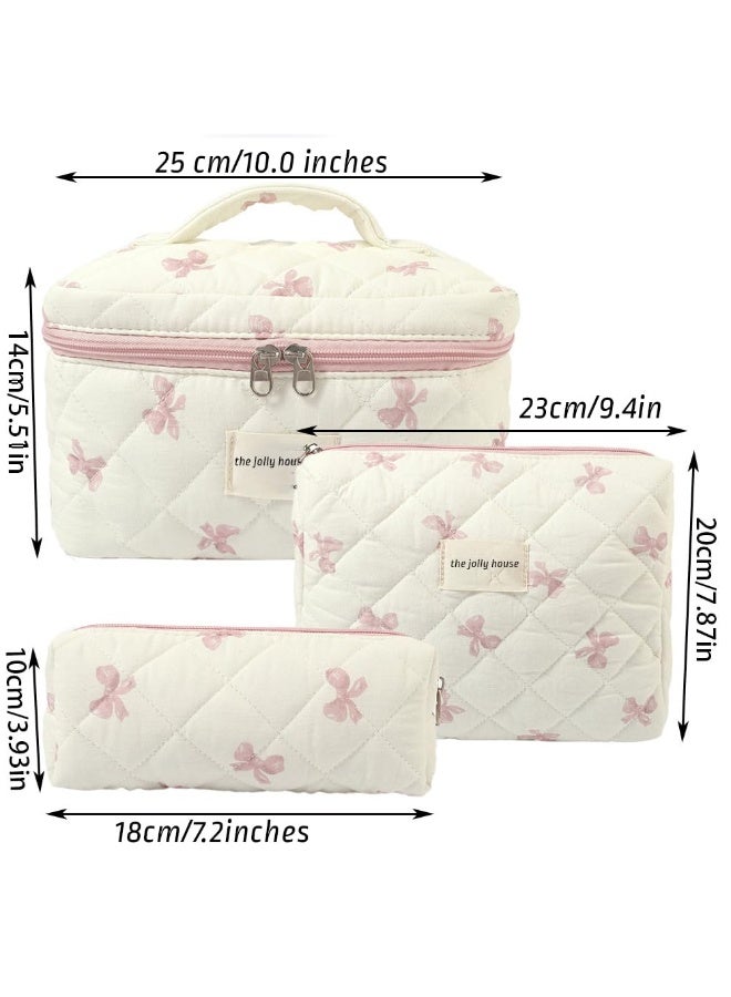 خاجول حقيبة مستحضرات تجميل كبيرة مبطنة من 3 قطع للنساء والفتيات، حقيبة مكياج قطنية مزينة بفيونكة، حقيبة جميلة لتنظيم أدوات الزينة أثناء السفر (فيونكة وردية فاتحة) - Image 2