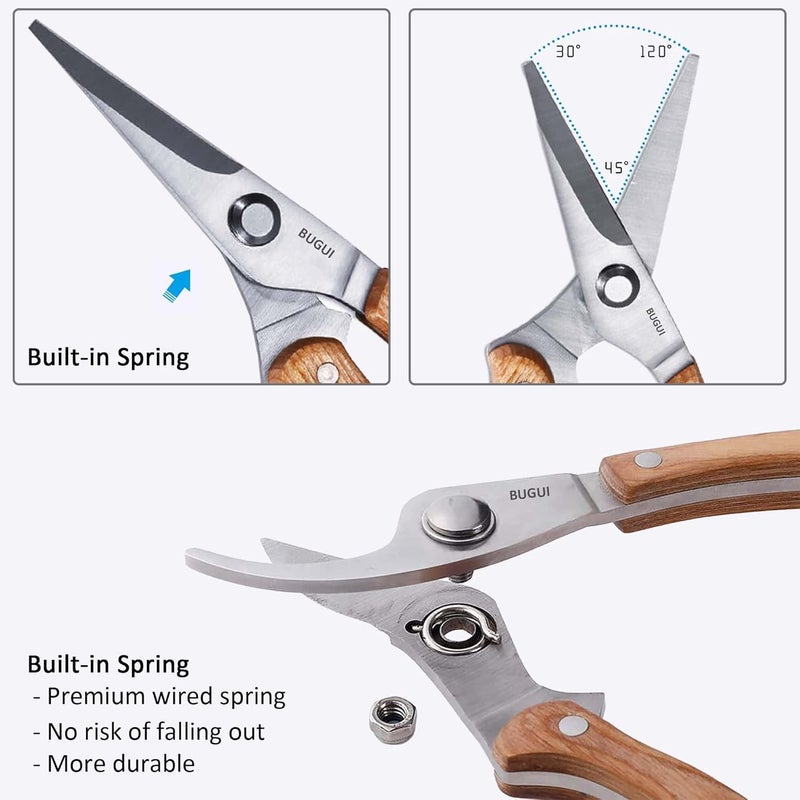 BUGUI Wood Handle Garden Shears, Long Straight Tip, All Steel Construction, Sharp, Well Designed Garden Scissors, 8" - Image 3
