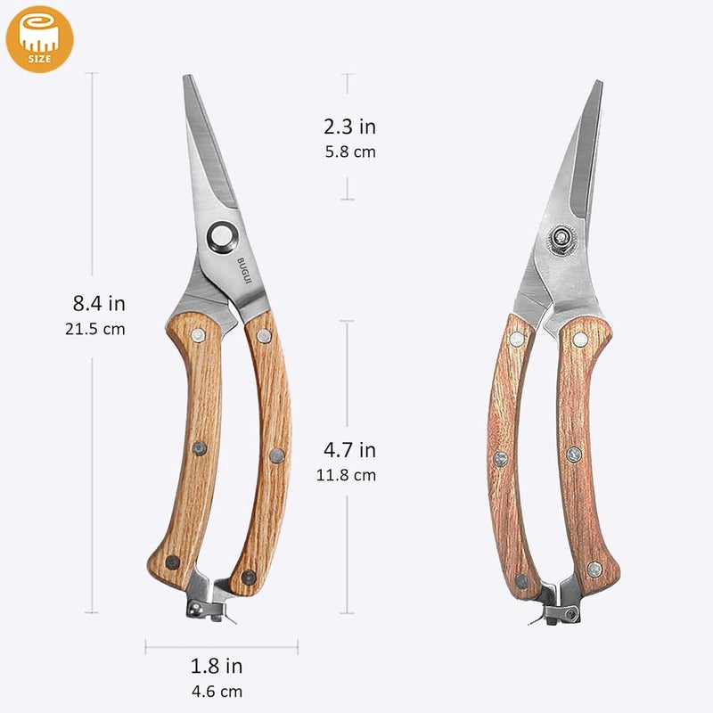 BUGUI Wood Handle Garden Shears, Long Straight Tip, All Steel Construction, Sharp, Well Designed Garden Scissors, 8" - Image 2