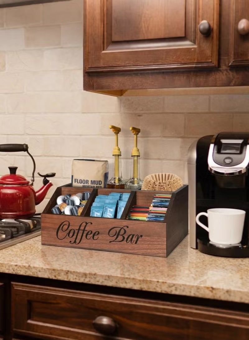 SKT Shiketro Coffee Station Organizer for Counter, Wood Coffee Pods Holder Storage Basket, Coffee and Tea Condiment Storage Organizer, Rustic Coffee Bar Decor for Coffee Accessories Organizer - Image 2