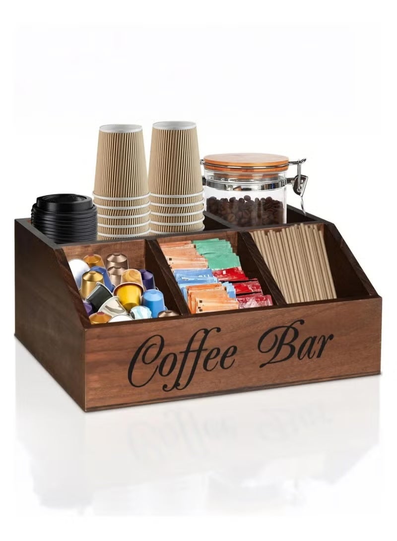 SKT Shiketro Coffee Station Organizer for Counter, Wood Coffee Pods Holder Storage Basket, Coffee and Tea Condiment Storage Organizer, Rustic Coffee Bar Decor for Coffee Accessories Organizer - Image 1