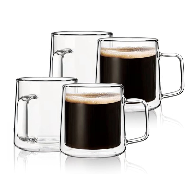 CNGLASS 10oz Glass Coffee Mugs,Double Wall Insulated Glass Mugs with Handle,Clear Espresso Mug for Latte,Cappuccino,Tea Bag,Set of 4 - Image 1