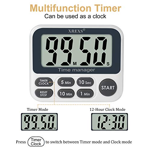 XREXS Digital Kitchen Timer, Magnetic Countdown Up Cooking Timer Clock with Large LCD Display, Adjustable Volume, Loud Alarm & Strong Magnet Classroom Timer for Teachers (Batteries Included) - Image 2