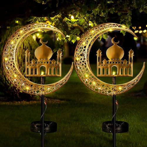 Tujoe 2 Pcs Eid Mubarak Solar Lights Eid Al Adha Outdoor Decorations Mubarak Star Moon Lights Solar Stakes Waterproof for Outdoor Decorations Garden Walkway Lawn Patio Yard(Muslim) - Image 1
