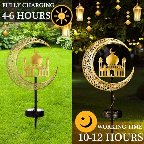 Tujoe 2 Pcs Eid Mubarak Solar Lights Eid Al Adha Outdoor Decorations Mubarak Star Moon Lights Solar Stakes Waterproof for Outdoor Decorations Garden Walkway Lawn Patio Yard(Muslim) - Image 4