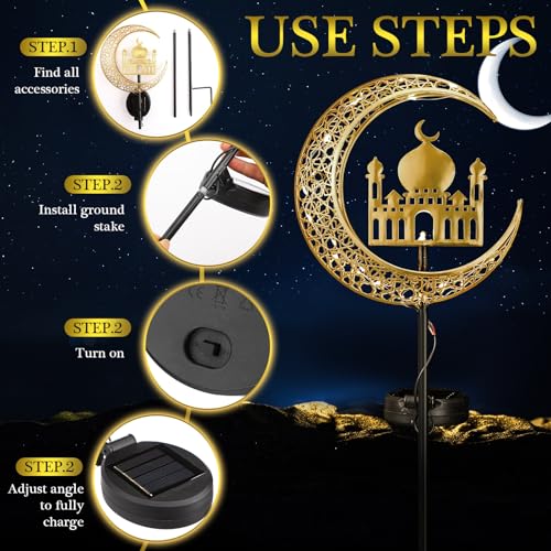 Tujoe 2 Pcs Eid Mubarak Solar Lights Eid Al Adha Outdoor Decorations Mubarak Star Moon Lights Solar Stakes Waterproof for Outdoor Decorations Garden Walkway Lawn Patio Yard(Muslim) - Image 3