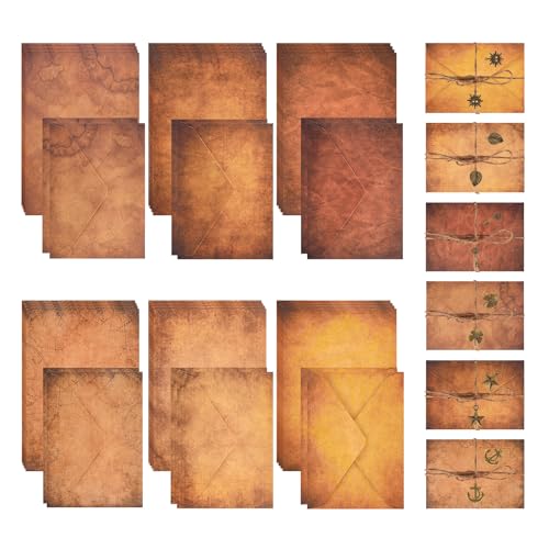 WLXTREE Vintage Stationery Paper and Envelopes Set - 24 Sheets Classic Aged Antique Letter Paper Stationary Set for Writing Letters Invitations with 12 Old Style Kraft Envelopes Rope Accessories Pendant - Image 1