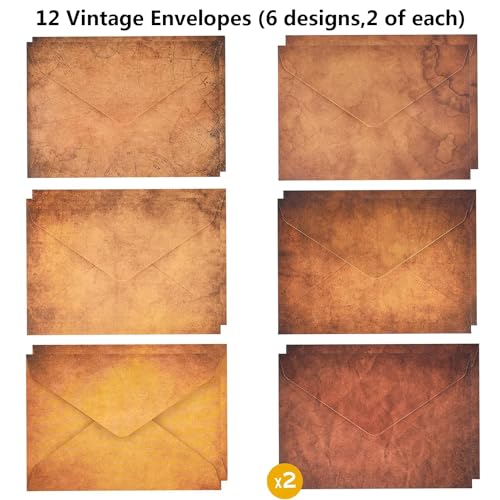 WLXTREE Vintage Stationery Paper and Envelopes Set - 24 Sheets Classic Aged Antique Letter Paper Stationary Set for Writing Letters Invitations with 12 Old Style Kraft Envelopes Rope Accessories Pendant - Image 4