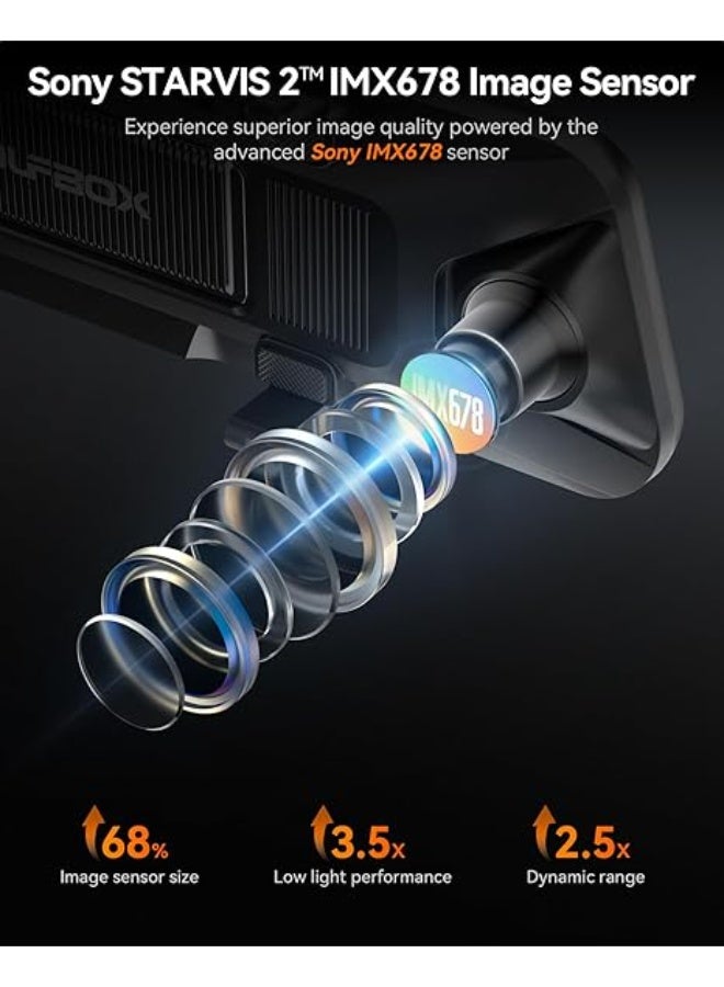 وولف بوكس G900 PRO Mirror Dash Cam with STARVIS 2 IMX678 features a 12-inch mirror, 4K front and 2.5K rear recording. Includes 128GB card, voice control, 5.8GHz WiFi, loop recording, G-sensor, and GPS - Image 5