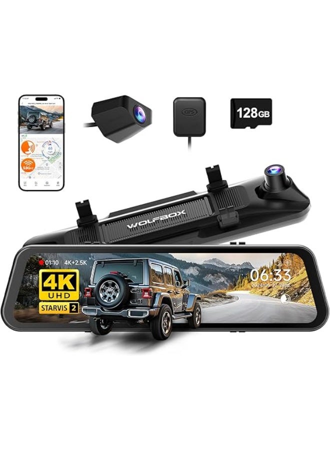 وولف بوكس G900 PRO Mirror Dash Cam with STARVIS 2 IMX678 features a 12-inch mirror, 4K front and 2.5K rear recording. Includes 128GB card, voice control, 5.8GHz WiFi, loop recording, G-sensor, and GPS - Image 1