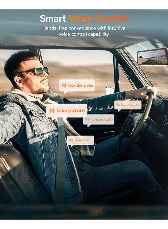 وولف بوكس G900 PRO Mirror Dash Cam with STARVIS 2 IMX678 features a 12-inch mirror, 4K front and 2.5K rear recording. Includes 128GB card, voice control, 5.8GHz WiFi, loop recording, G-sensor, and GPS - Image 3