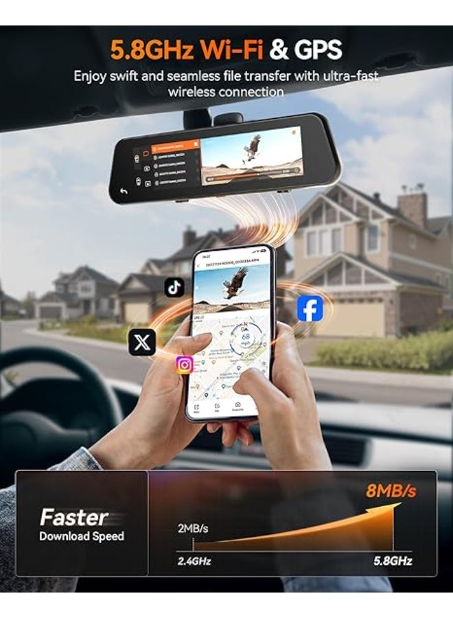 وولف بوكس G900 PRO Mirror Dash Cam with STARVIS 2 IMX678 features a 12-inch mirror, 4K front and 2.5K rear recording. Includes 128GB card, voice control, 5.8GHz WiFi, loop recording, G-sensor, and GPS - Image 4