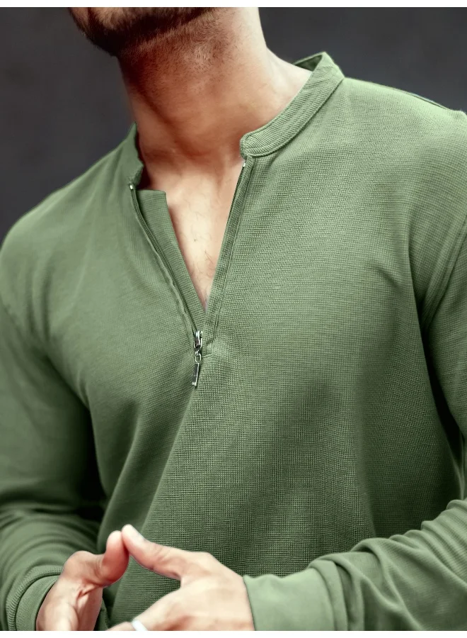 Maniac Mens High Neck Solid Full Sleeve Hunter Green Cotton Slim Fit T-Shirt