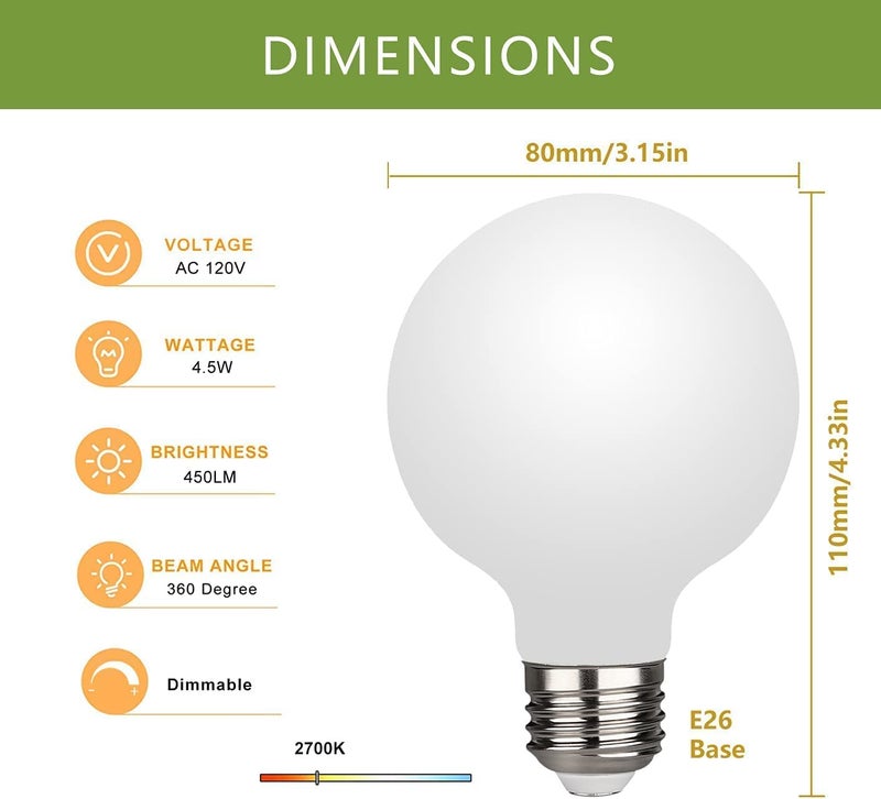 CITRA G80 E26/27 Frosted Glass LED Bulb - 4.5W COB LED Filament Edison Globe Light Bulb for Makeup Mirror Vanity Bathroom Dressing Room Home Warm White 3000K (2-Pack) - Image 2