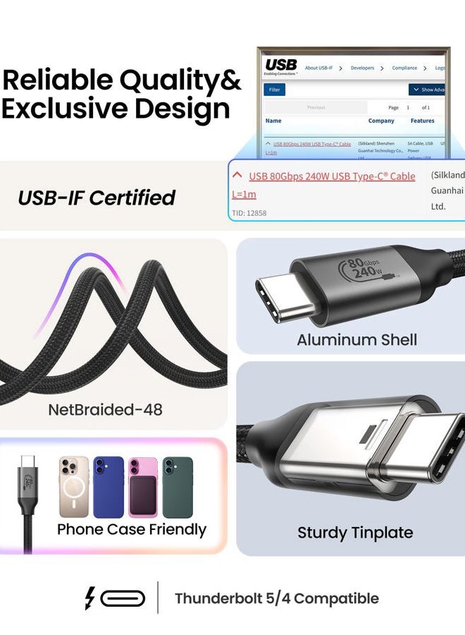 Silkland كابل Thunderbolt 5 بسرعة 80Gbps متوافق، [معتمد من USB-IF] كابل USB4 بطول 1م، عرض نطاق فيديو 120Gbps لدقة 16K/8K مزدوجة، 240W PD3.1 لجهاز MacBook M4 Pro/Pro Max، Mac Mini M4 Pro، PSSD، Dock - Image 5
