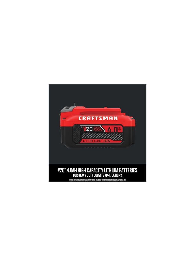 CRAFTSMAN بطارية وشاحن CRAFTSMAN V20، لمجموعات أدوات الطاقة والأدوات الخارجية، 4.0 Ah، بطارية ليثيوم أيون (CMCB204-CK) - Image 4