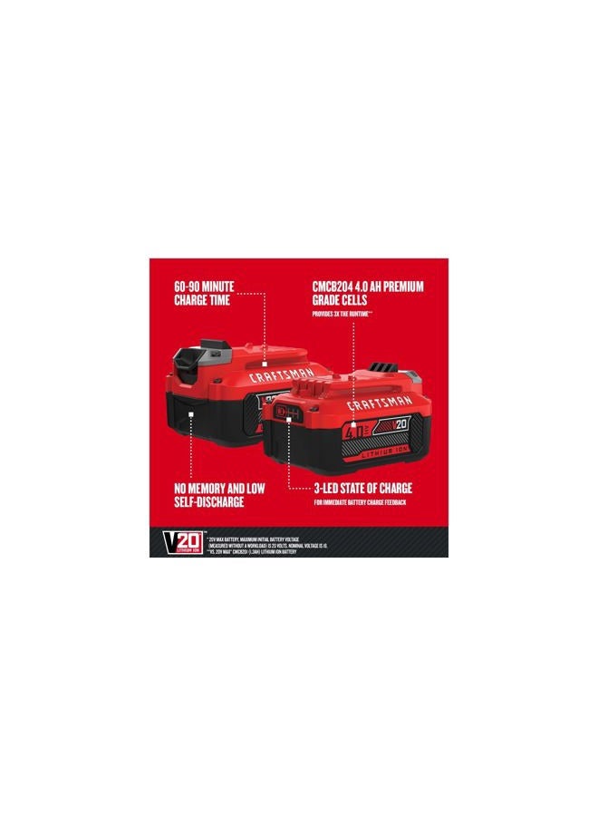 CRAFTSMAN بطارية وشاحن CRAFTSMAN V20، لمجموعات أدوات الطاقة والأدوات الخارجية، 4.0 Ah، بطارية ليثيوم أيون (CMCB204-CK) - Image 2