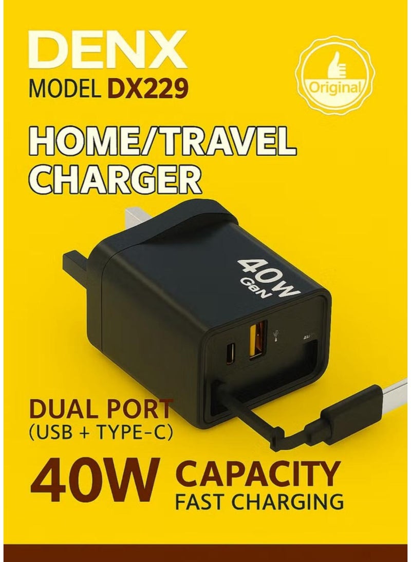 Denx DENX DX229 40W Fast Charging Wall Charger | Dual USB + Type-C Ports | PD & QC 3.0 Support | Mobile Charger for iPhone, Samsung, Huawei & Android Devices  - Image 1
