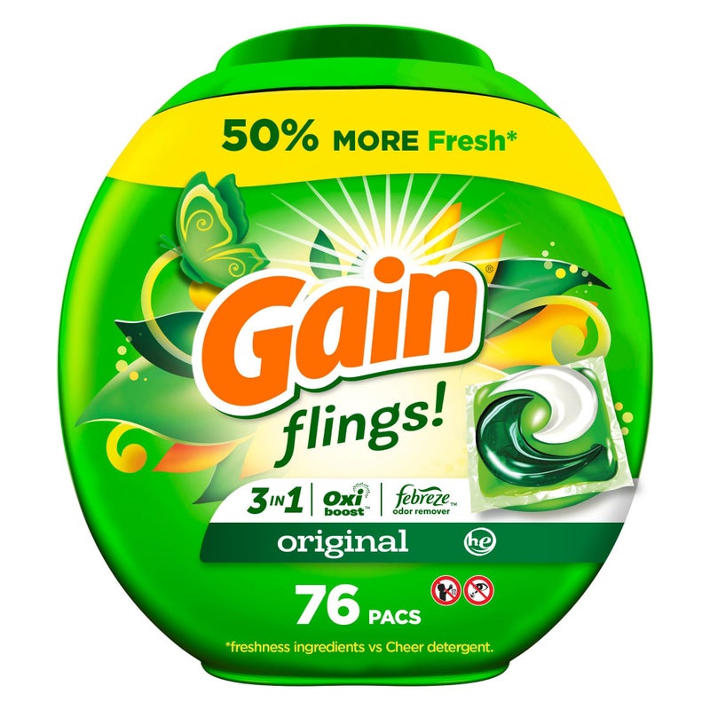 Gain flings Laundry Detergent Soap Pacs HE Compatible Long Lasting Scent Original Scent 76 Count
