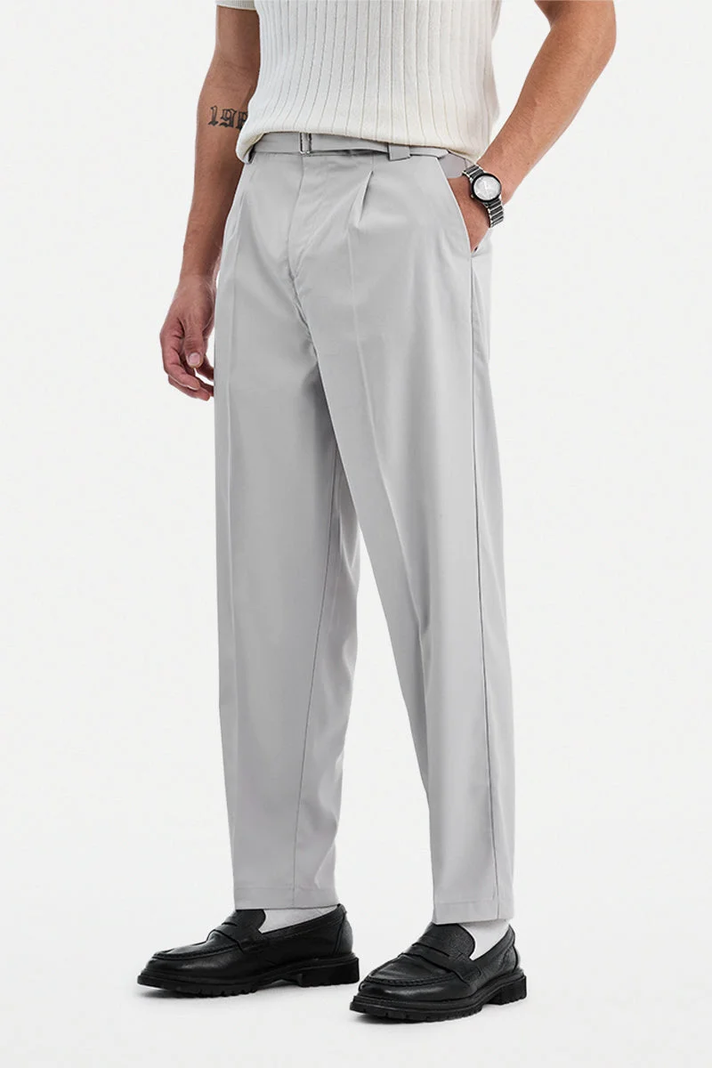SNITCH Light Grey Solid Relaxed Formal Trousers