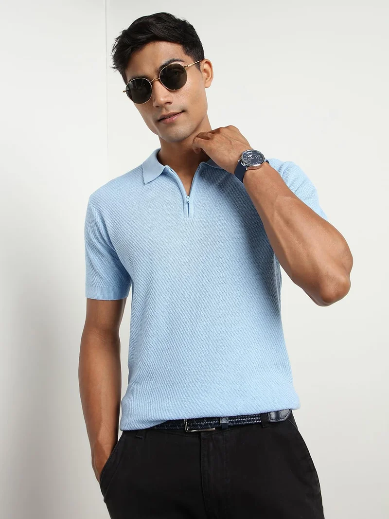 NOBERO Men's Light Blue Textured Polo Shirt
