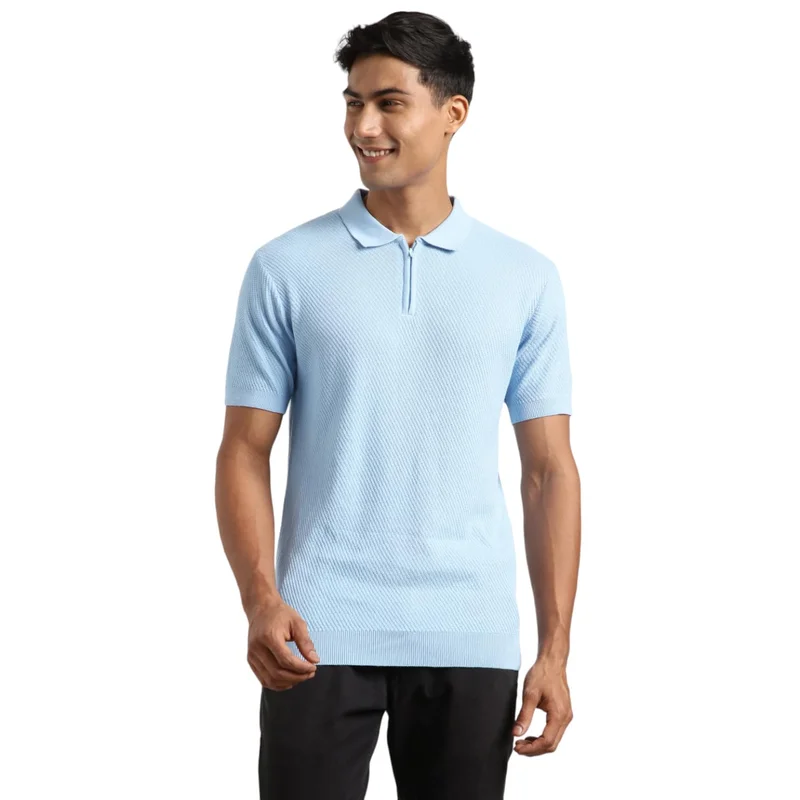 NOBERO Men's Light Blue Textured Polo Shirt