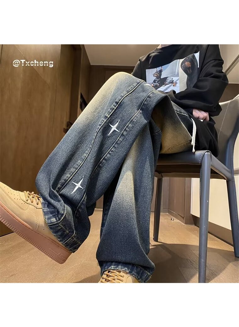 Generic - Mens Retro Star Embroidery Jeans 2024 Loose Straight-Fit Blue [counter quality]] - Image 1