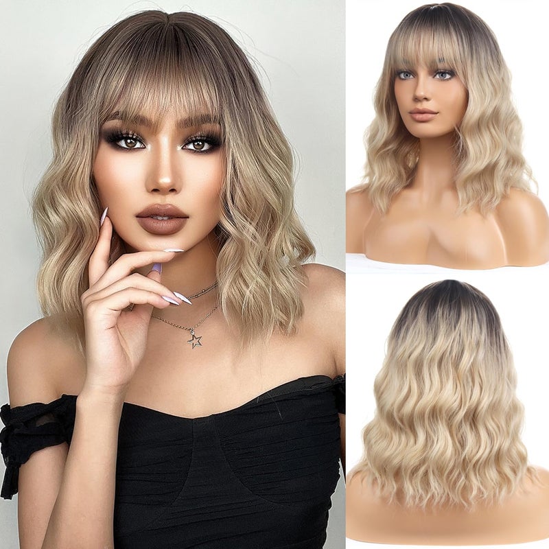 BERON Blonde Ombre Short Wigs Curly Shoulder Length Wig with Bangs Ombre Color Wavy Hair Wigs 35 cm14 Inch Womens Synthetic Wigs Daily Party Use