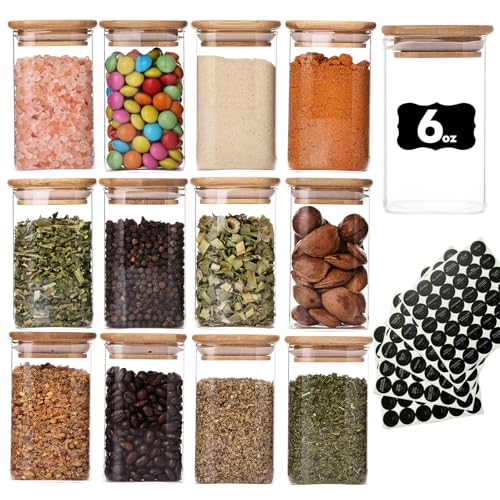 Wells 6oz Glass Spice Jars with Bamboo Lid and Label 12 Pack Square Glass Container Small Food Storage Containers for Kitchen Clear Empty Seasoning Jar for Sugar Salt Coffee Bean Herb Borosilicate - Image 1