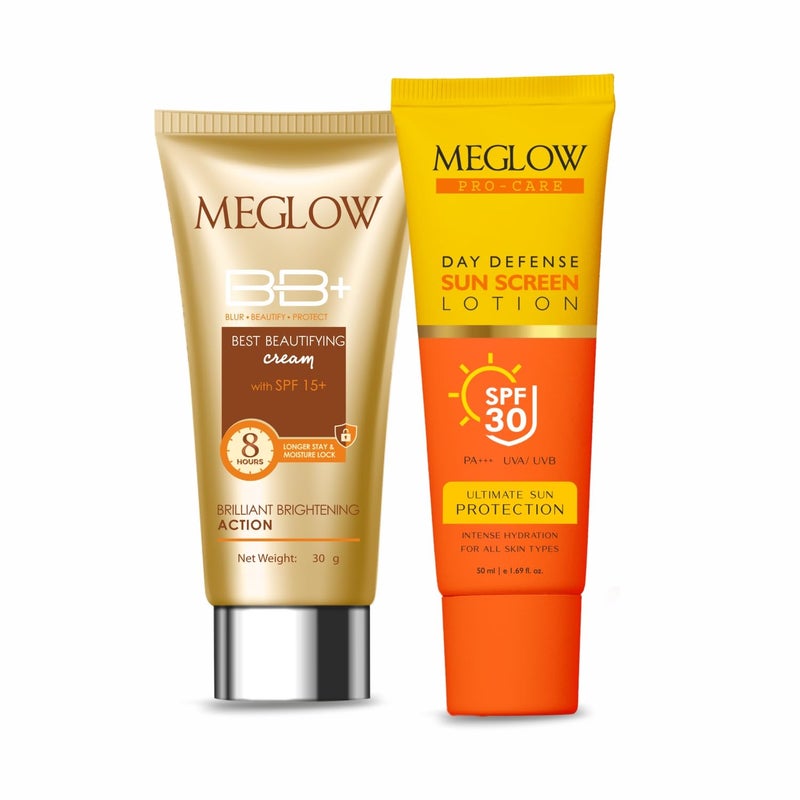 MEGLOW Meglow Skincare Combo Pack of 2  Meglow ProCare Day Defense Sunscreen lotion withSPF 30 PA with Meglow BB Cream  Sun Protection  Everyday Makeup Look  For All Skin Types - Image 1