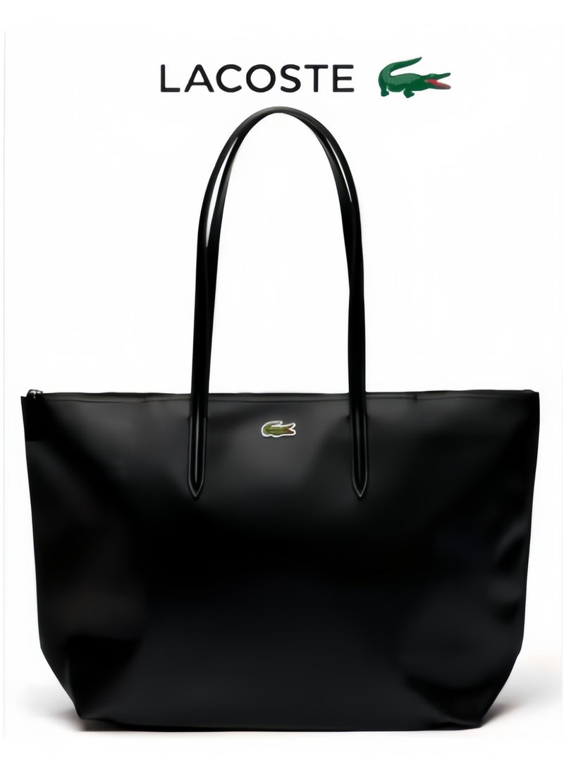 Lacoste Women's L12.12 Concept Fashion Versatile Large Capacity Large Size Zipper Handheld Shoulder Bag Tote Bag Large Black 35cm * 30cm * 14cm - Image 1