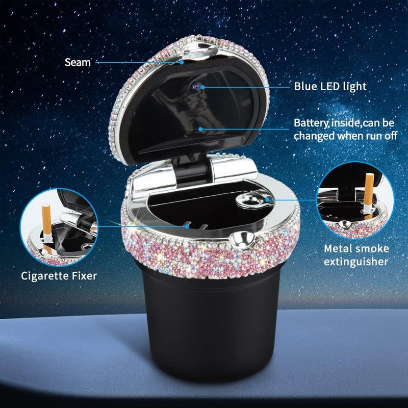 eing Car Ashtray Portable Bling Cigarette Smokeless Cylinder Cup Holder with Blue LED Light Indicator and 2 Replacement Batteries,Car Accessories for Women,Ideal for Car,Home and Office,1-Pack Pink - Image 5