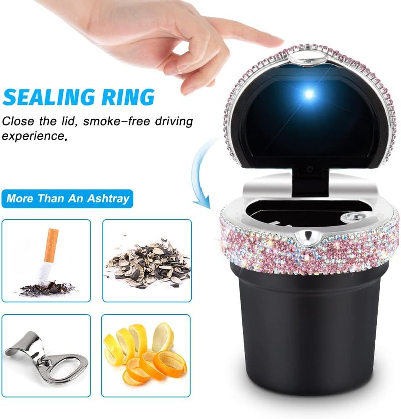 eing Car Ashtray Portable Bling Cigarette Smokeless Cylinder Cup Holder with Blue LED Light Indicator and 2 Replacement Batteries,Car Accessories for Women,Ideal for Car,Home and Office,1-Pack Pink - Image 2