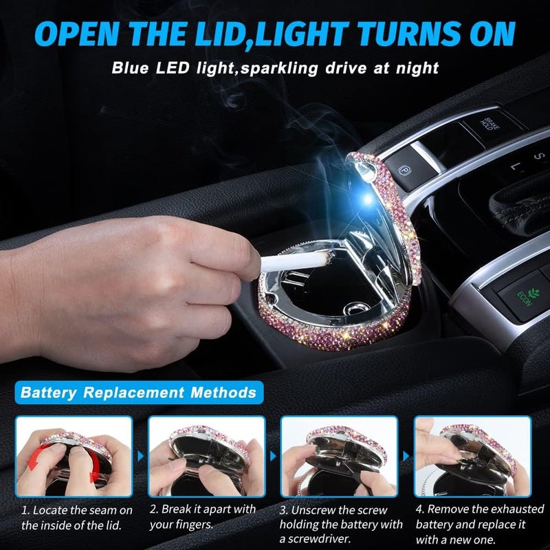 eing Car Ashtray Portable Bling Cigarette Smokeless Cylinder Cup Holder with Blue LED Light Indicator and 2 Replacement Batteries,Car Accessories for Women,Ideal for Car,Home and Office,1-Pack Pink - Image 1