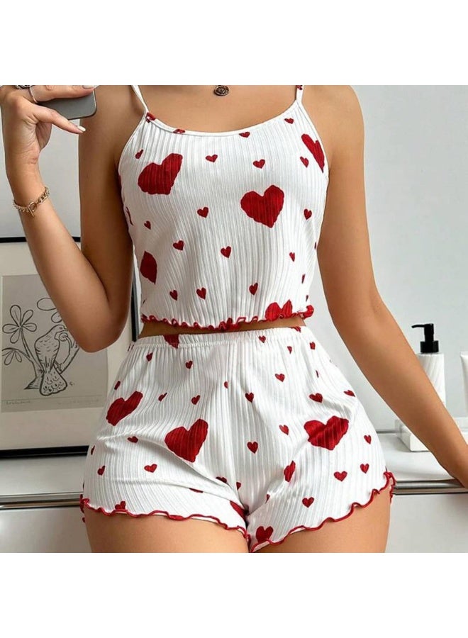 PINKSAMA Women's Pajama Set Soft and Beautiful 2-Piece Shorts Set, Love Shaped Printed Pajama Set, Comfortable and Loose Pajamas - Image 1