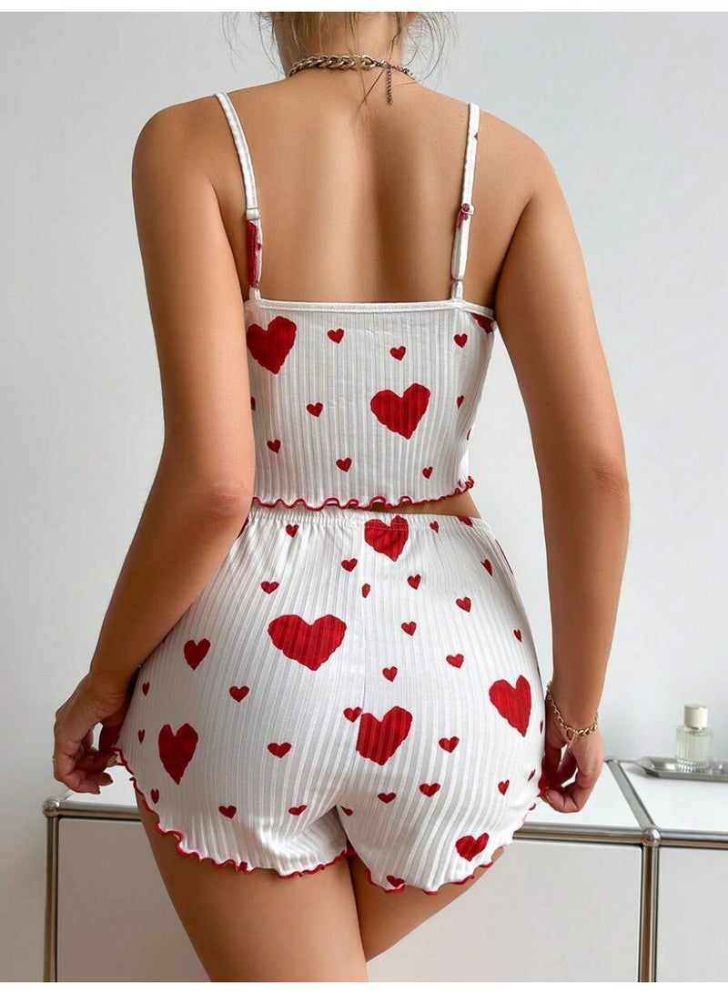 PINKSAMA Women's Pajama Set Soft and Beautiful 2-Piece Shorts Set, Love Shaped Printed Pajama Set, Comfortable and Loose Pajamas - Image 2