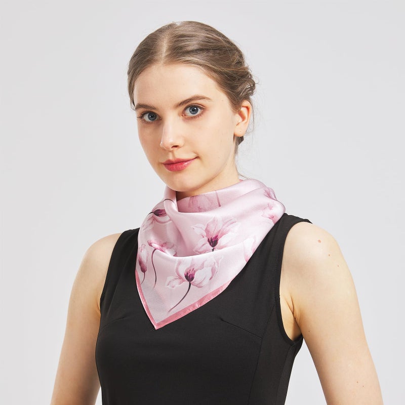 Aufeel 100% Real Mulberry Silk Women Small Square Neck Scarfs 21" Lightweight Headscarf Printed Neckerchief Gift Packed(Pink) - Image 2