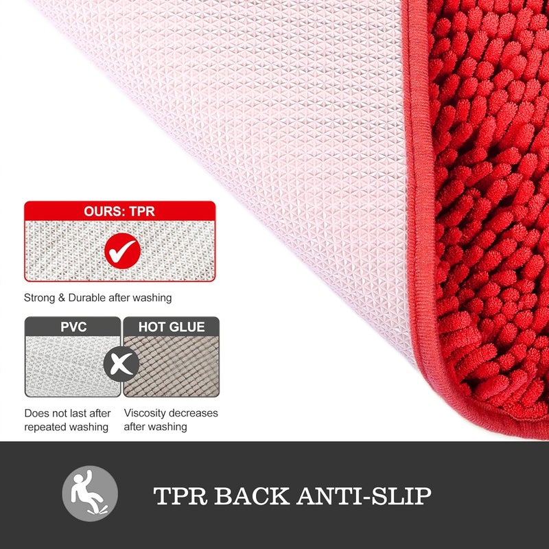 Yeaban Red Bathroom Rugs – Thick Chenille Bath Mats | Absorbent and Washable Bath Rug Non-Slip, Plush and Soft Rugs for Bathroom Floor, Shower, Sink - 26" x 44" - Image 3