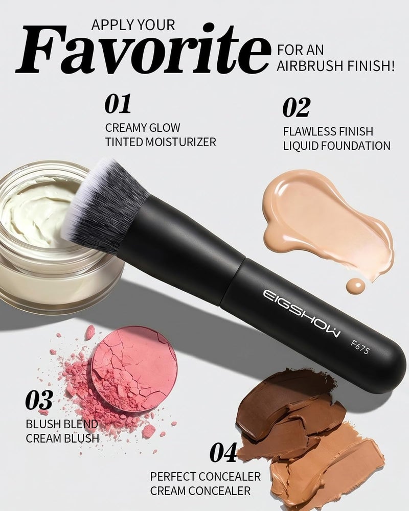 EIGSHOW Foundation Brush, Flat Top Kabuki Brush For Liquid, Cream, and Powder - Flawless Blending, Buffing, Stippling for All Skin Types (F675-Matte Black) - Image 4