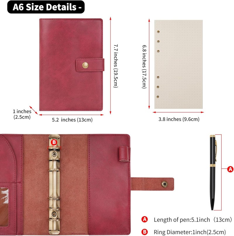 WONDERPOOL Leather Journal Refillable Notebook Spiral Folder Portfolio - Dotted Grid Paper & Inner Pockets for Travel and Work and Personal Organizer (Wine Red, A6) - Image 4