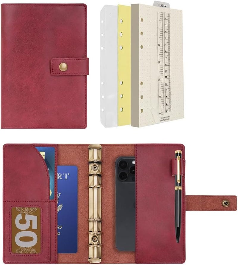 WONDERPOOL Leather Journal Refillable Notebook Spiral Folder Portfolio - Dotted Grid Paper & Inner Pockets for Travel and Work and Personal Organizer (Wine Red, A6) - Image 1